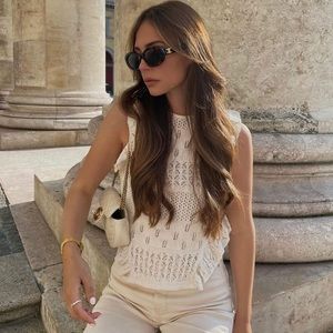 Zara Ecru Pointelle Ruffled Knit Top